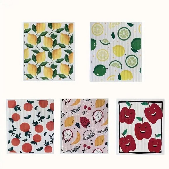 NEW Set of 5 Swedish Dishcloths - Citrus & Fruit, Reusable Sponge Sustainable - Picture 1 of 1